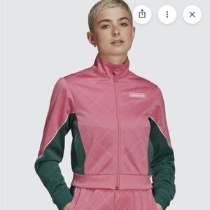 Adidas Retro Luxury Track Top Pink and Dark Green Women's Cropped Jacket Small